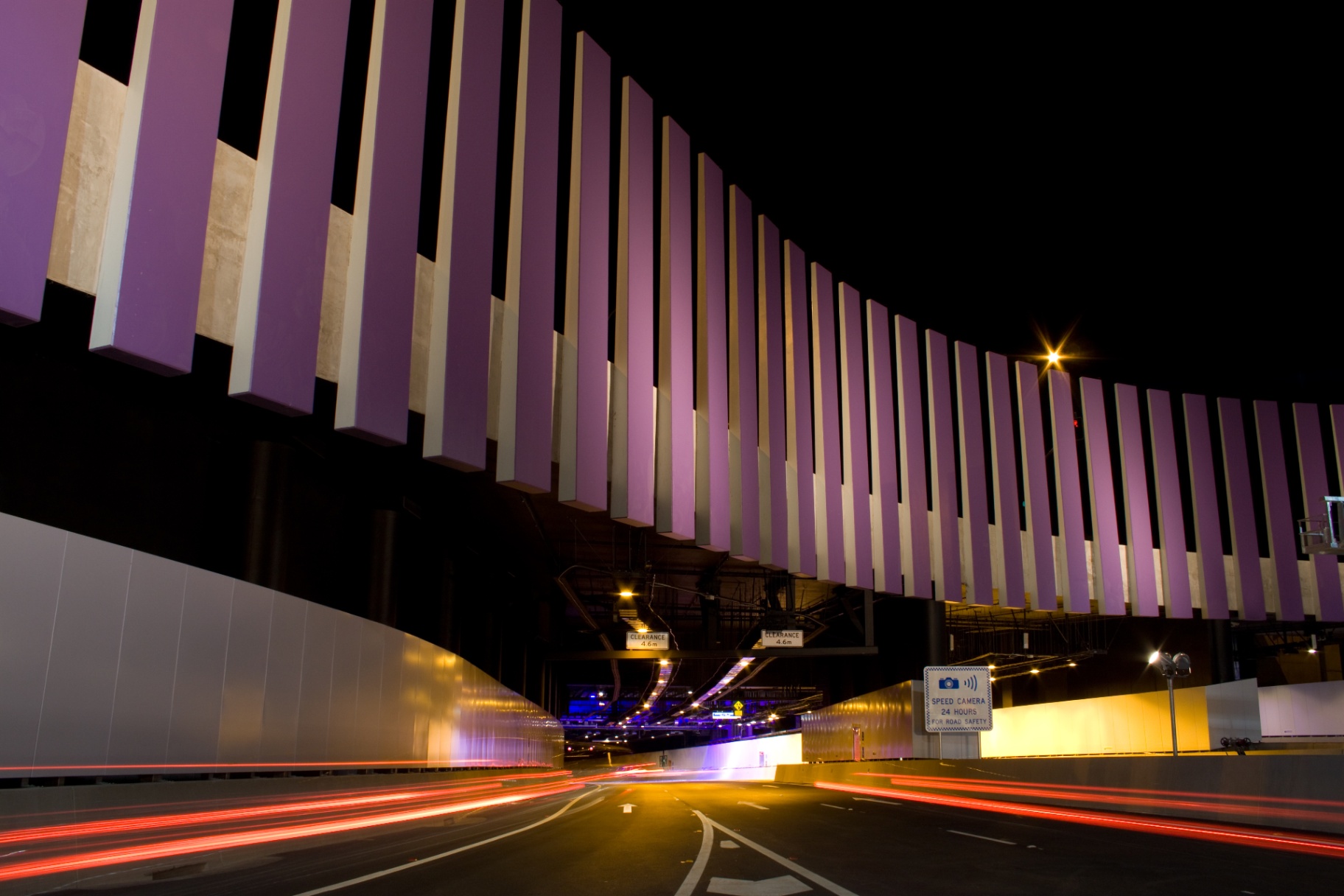 Modern road tunnel portal at night